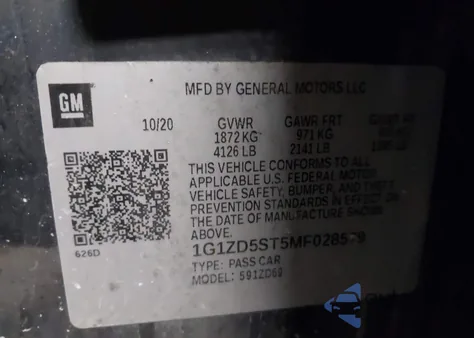 2021 Chevrolet Malibu Fwd Lt z USA, uszkodzony, nr VIN 1G1ZD5ST5MF028579